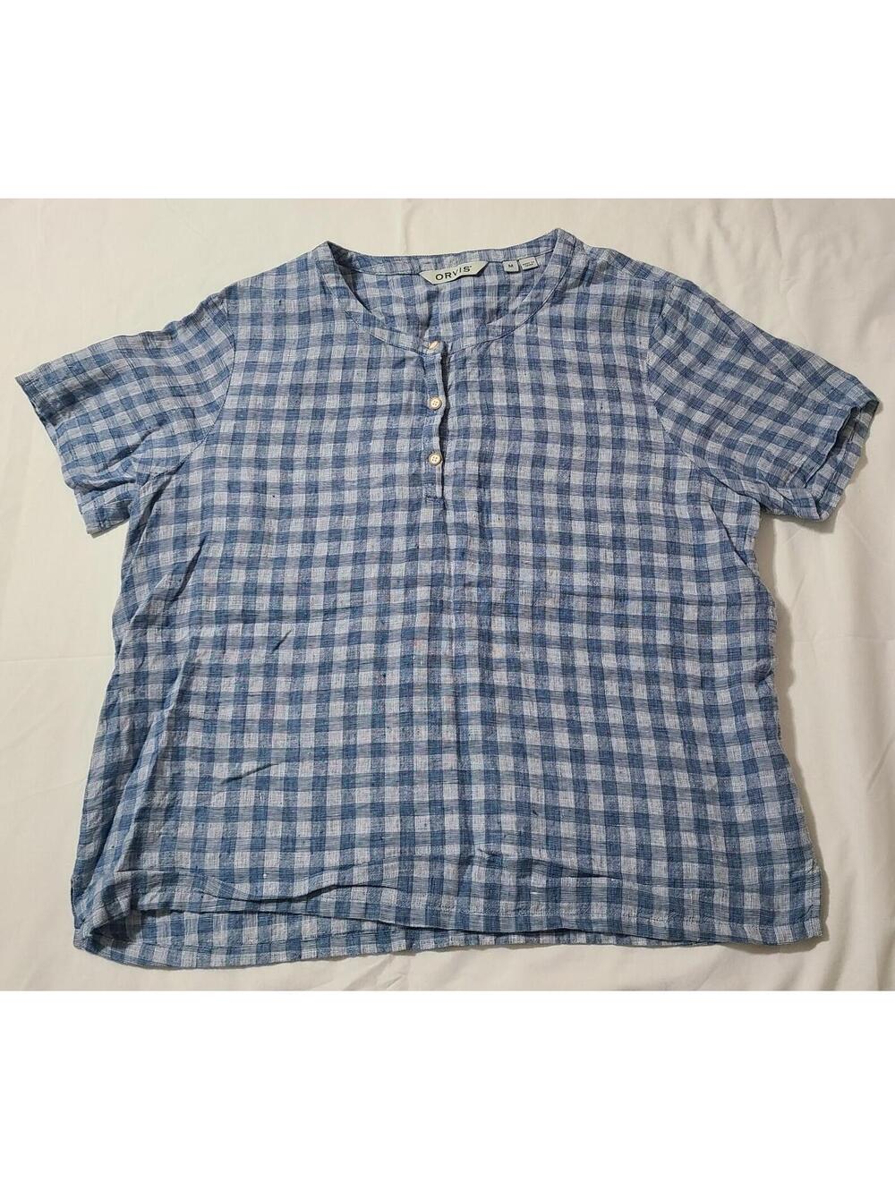 Orvis 100% Linen SS Blouse Womens Sz Medium Blue White Gingham 3-Button Top  EUC